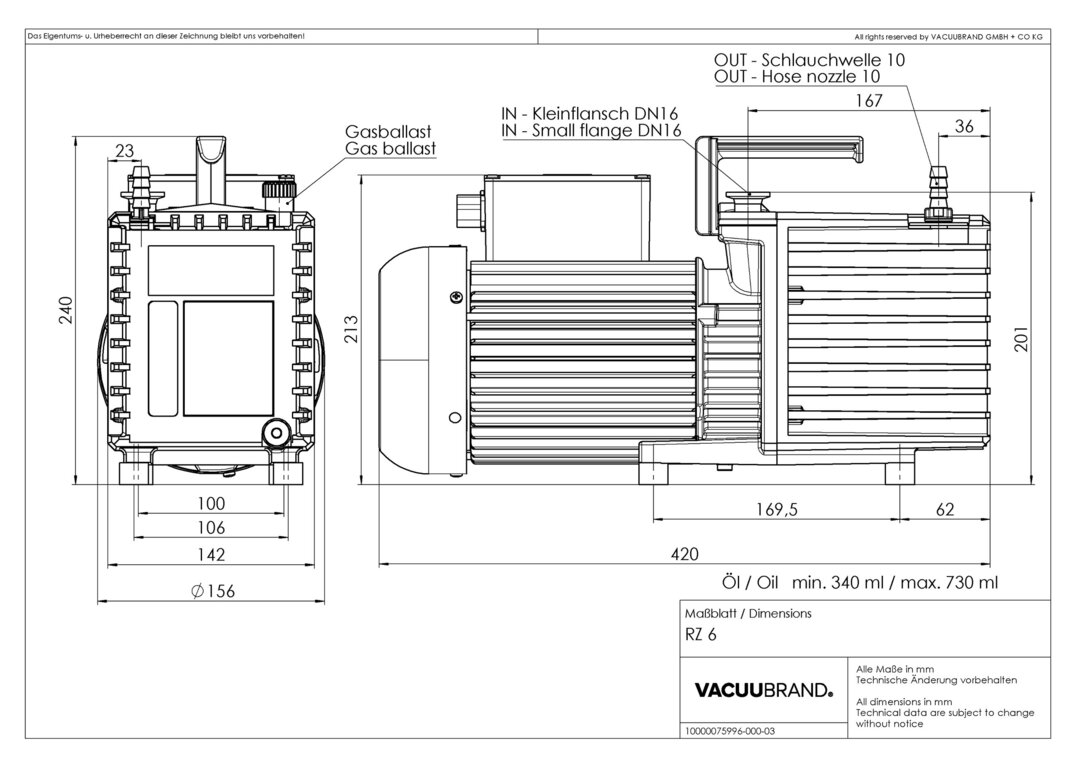 Rotary vane pump package RZ 6with oil mist filter,230 V / 50-60 Hz, CEE mains cable